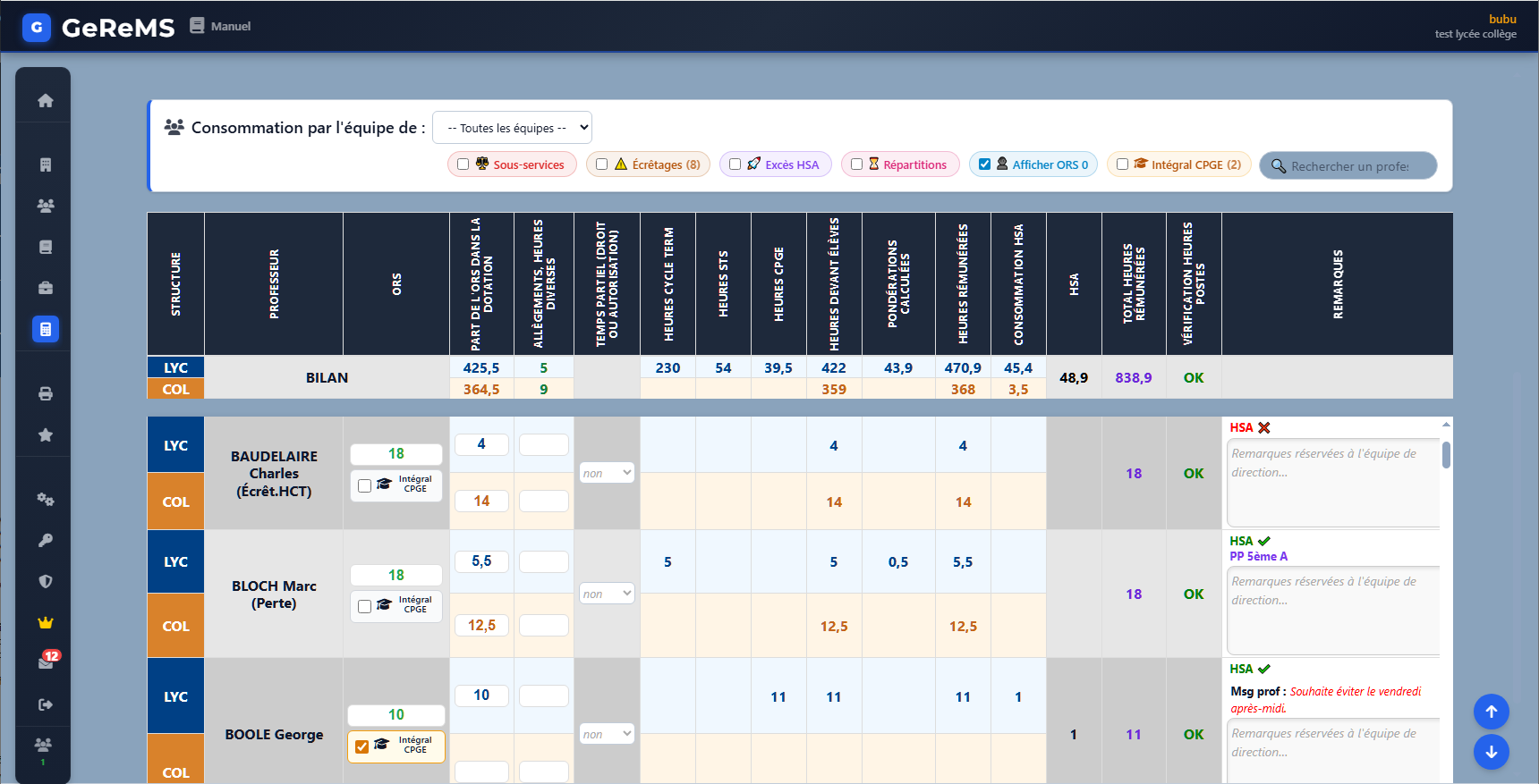 Tableau détaillé des services par professeur : pondérations, heures rémunérées, HSA et vérification des postes